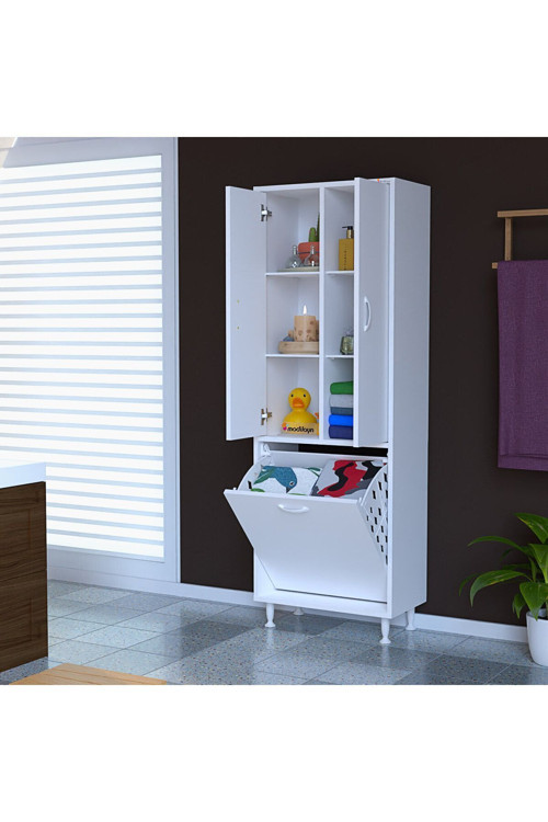 İnci 55x165 Cm Üç Kapaklı Çok Amaçlı Kirli Çamaşır Dolabı Sepetli Banyo Dolabı