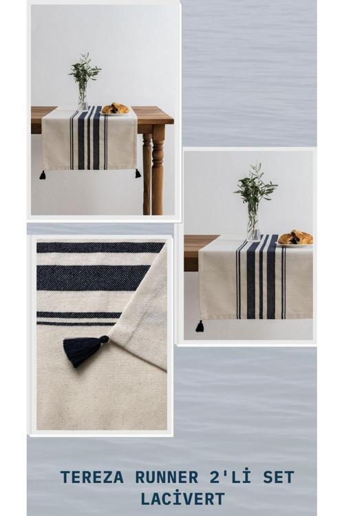 Lacivert Çizgili Tereza Runner Seti - 2'Li Bej Sofra Dekoru - Modern Ve Şık Masalar Için