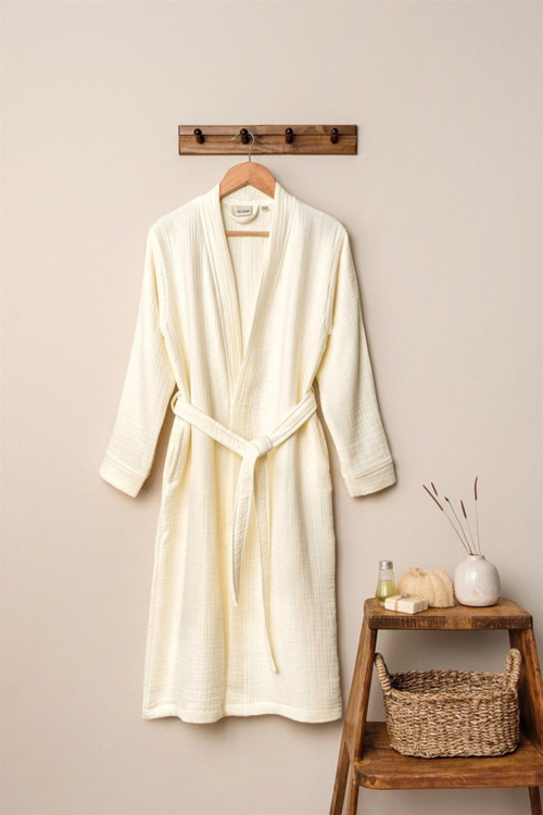 Ekru Unisex Kimono Müslin Bornoz - %100 Pamuklu & Yüksek Su Emici Bornoz