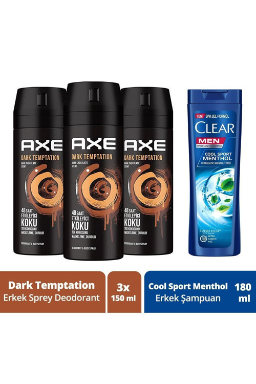 Erkek Sprey Deodorant Dark Temptation 48 Saat Etkileyici Koku 150 Ml X 3 + Clear Şampuan 180 Ml