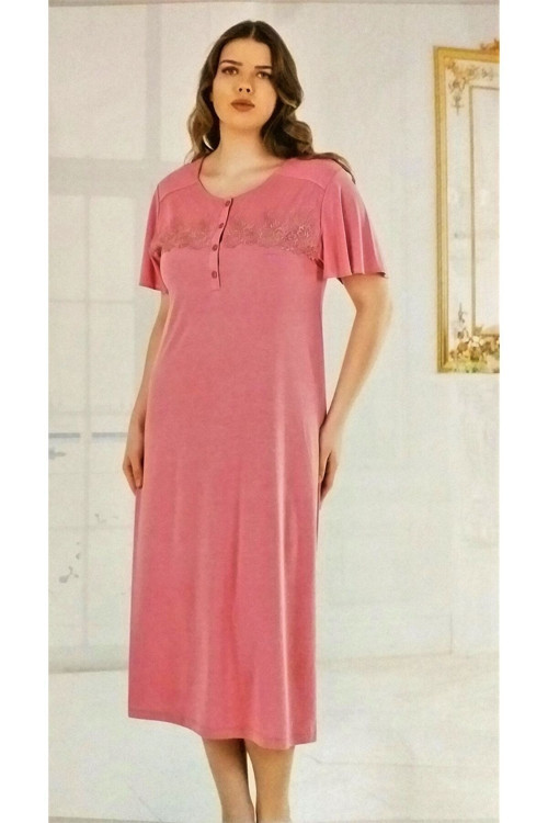Kısa Kol Güpürlü Büyük Beden Gecelik Gül Kurusu Pembe 2XL