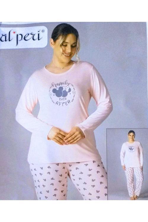 Büyük Beden Yazlık Uzun Kol Pijama Takımı Somon 5XL