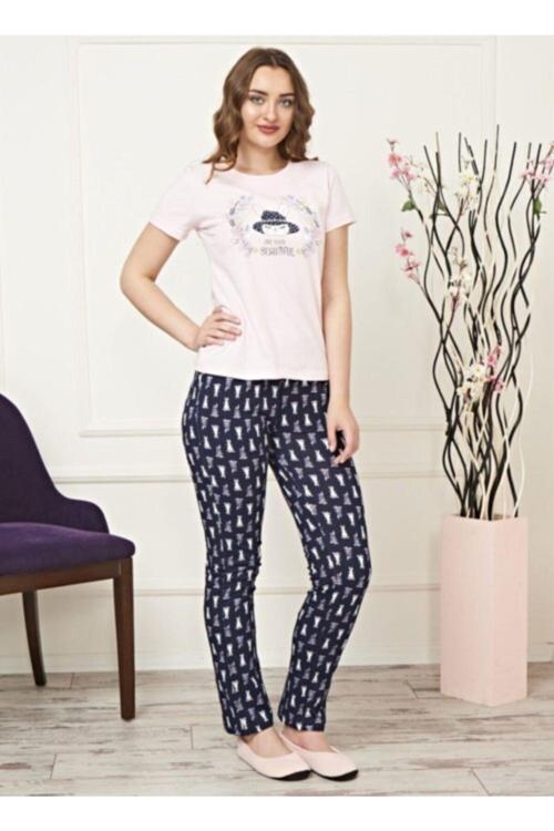 Kadın Pembe Lacivert Pijama Takımı Pembe - Lacivert XL
