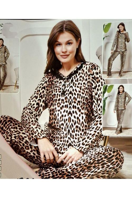 Pamuklu Uzun Kol Kadın Pijama Takımı Mevsimlik Kahverengi - Leopar XL