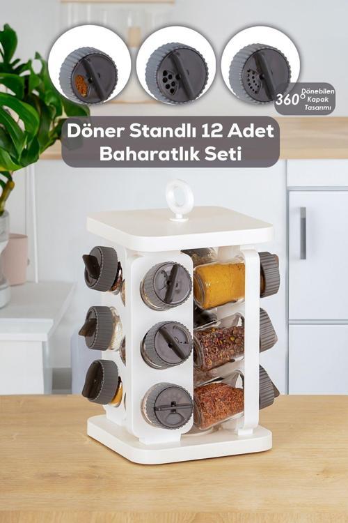1081 Kare Döner Standlı Döner Kapaklı Cam Baharatlık Antrasit - Beyaz