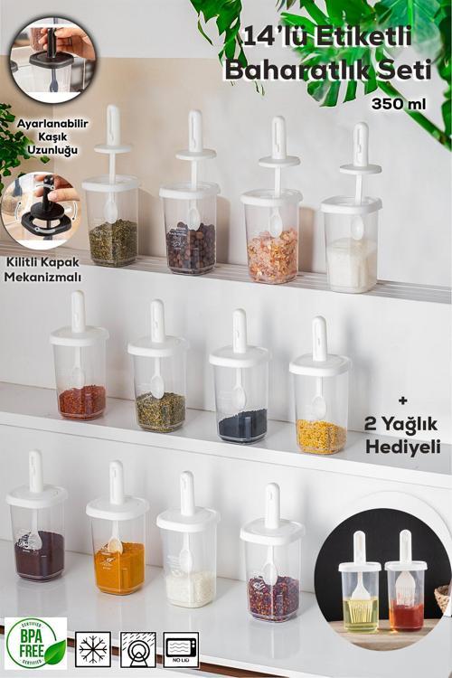 1103 14lü Kaydırmalı Kaşıklı Kapaklı Baharatlık Seti Beyaz