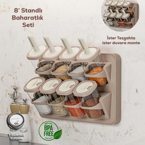 1116 Standlı Kaydırmalı Kaşıklı Baharatlık Seti Cappuccino