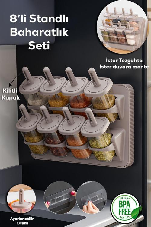 1123 8'li Standlı Kaşıklı 360 Döner Kapaklı Baharatlık