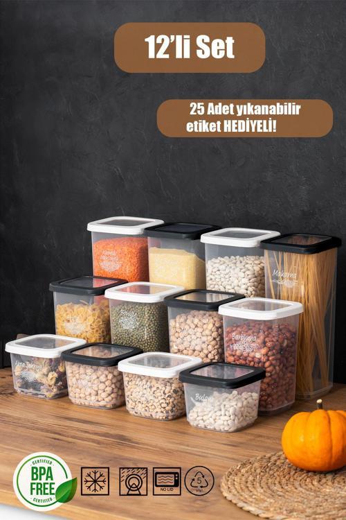 1174 12'li Etiketli Renkli Kapaklı Gıda Saklama Kabı Seti