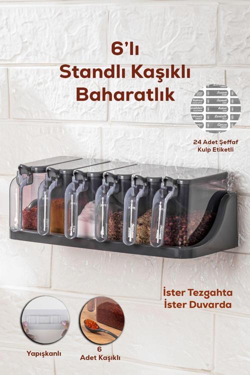 1182 Standlı Kaşıklı Kapaklı Baharatlık Seti 6'Lı Antrasit