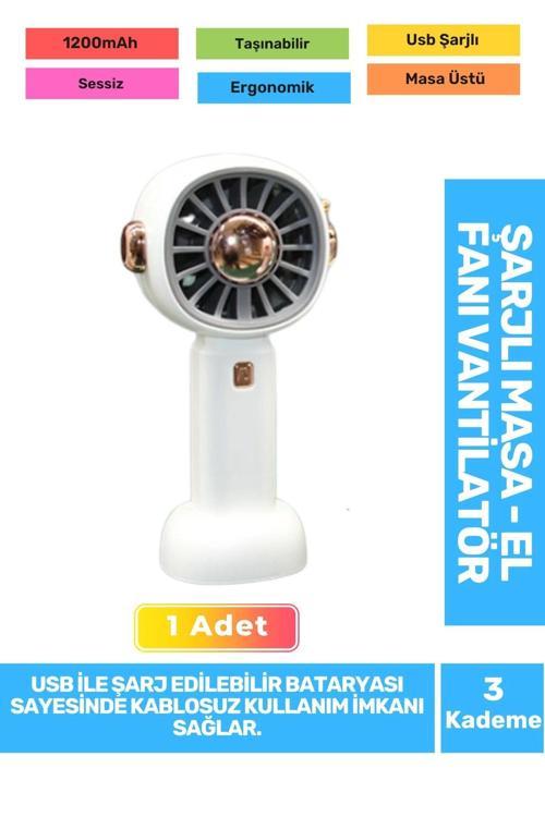Sessiz 3 Kademeli Hafif Kablosuz 1200mAh Pervaneli Taşınabilir Usb Şarjlı Masa El Fanı Vantilatör