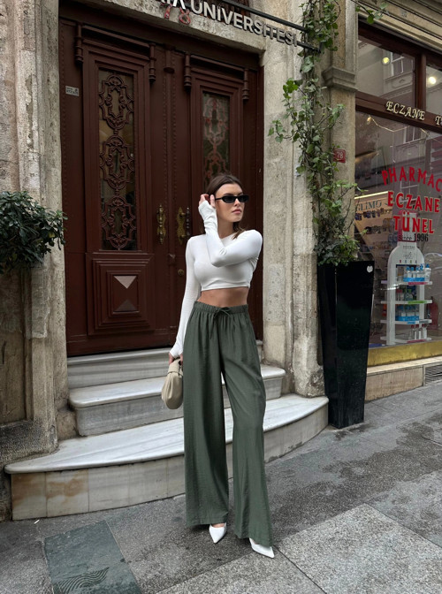 Haki Beli Lastikli Çilek Kumaş Kadın Pantolon