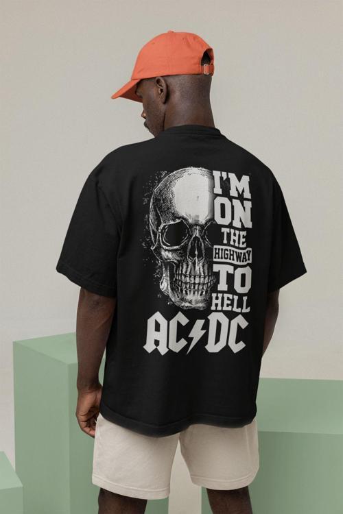 Im On The Highway To Hell Ac Dc Baskılı Unisex Oversize Rock Metal Tişört Siyah S