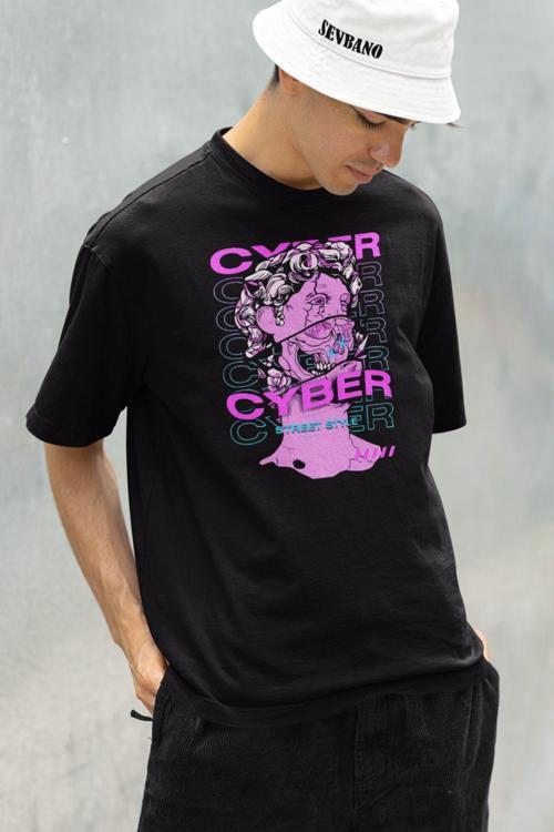Cyber Street Style Baskılı Unisex Oversize Tişört Siyah 3XL