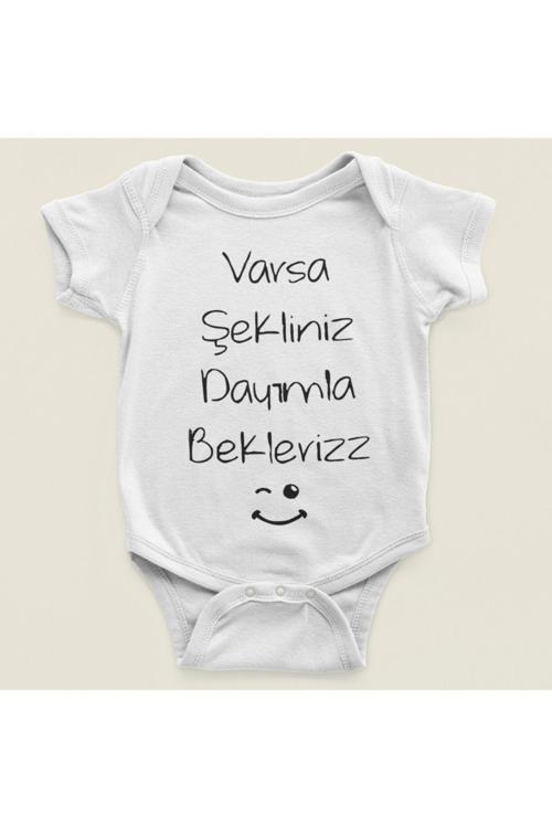 Varsa Şekliniz Dayımla Bekleriz Yazılı Pamuklu Yumuşak Unisex Çıtçıtlı Body Zıbın Beyaz 3-6 Ay