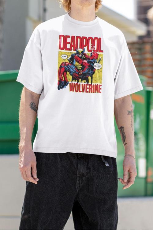 Marvel Wolverine X Deadpool Baskılı Unisex Tişört, Oversize Film Tişört Beyaz M