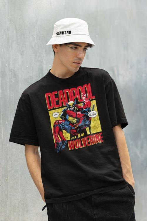 Marvel Wolverine X Deadpool Baskılı Unisex Tişört, Oversize Film Tişört Siyah S