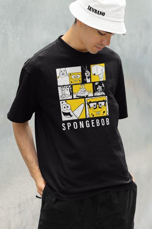 Süngerbob Çizgi Film Baskılı Unisex Tişört, Oversize Spongebob Tişört Siyah XS