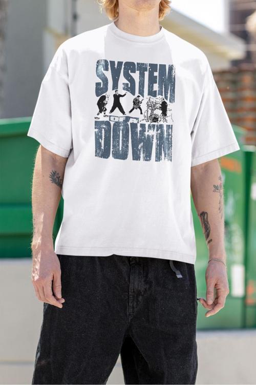 System Of A Down Baskılı Unisex Oversize Tişört Beyaz M