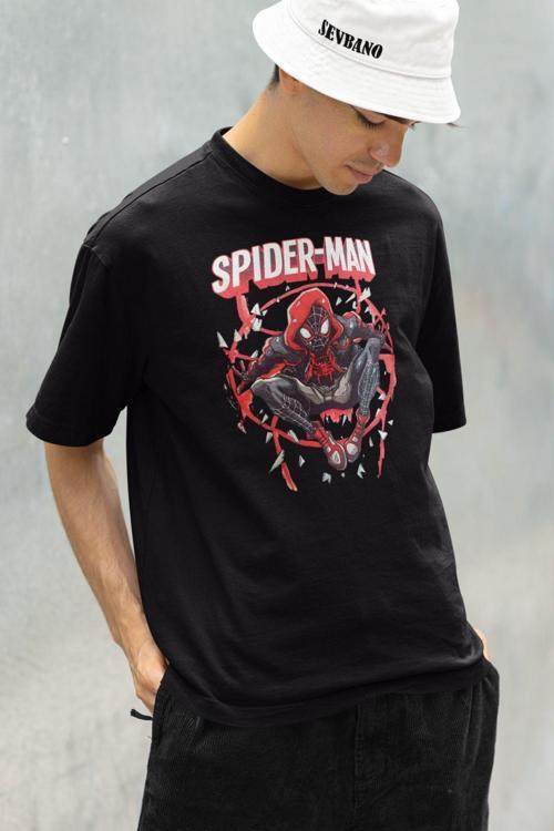 Spider-Man Baskılı Unisex Oversize Örümcek Adam Tişört Siyah XS