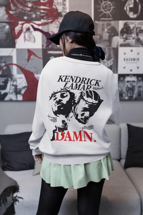 Tasarım Kendrick Lamar Damn. Yazılı Unisex Oversize Rapper Sweatshirt Beyaz S