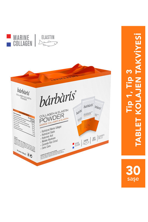 Collagen & Elastin Powder (Balık Kolajeni Tip1-3) - 30 Şase - Hidrolize Kolajen, Hidrolize Elastin, Mayteke Mantarı, Hyalüronik Asit, Pirinç Esktresi, Kamu Kamu İçeren Takviye Edici Gıda