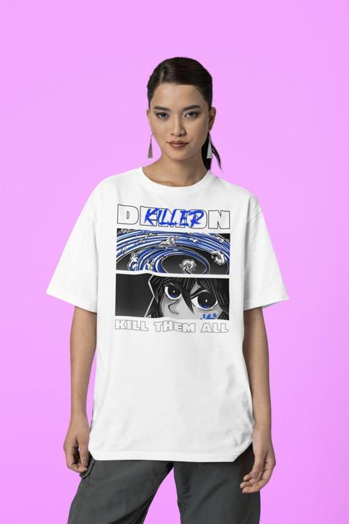 Demon Killer Kill Them All Baskılı Unisex Anime Karakter Tişört Beyaz L