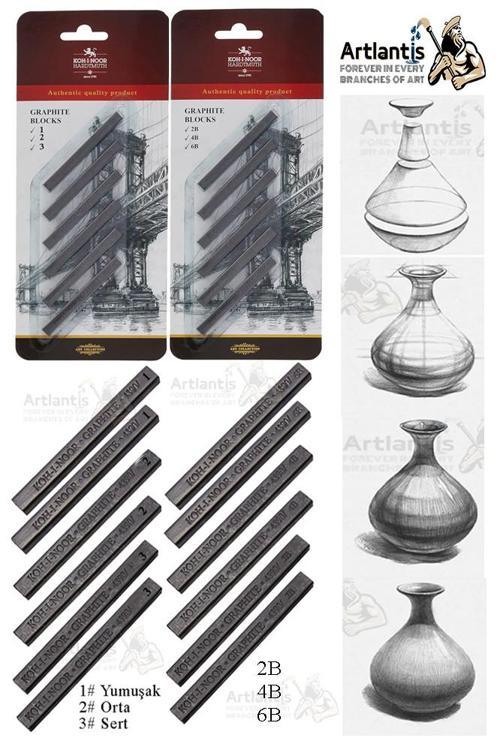 Sıkıştırılmış Kömür Füzen Seti 1 Paket Kohinoor 2B 4B 6B Yumuşak Orta Sert Siyah Kare Press Kömür Füzen Yassı Çizim