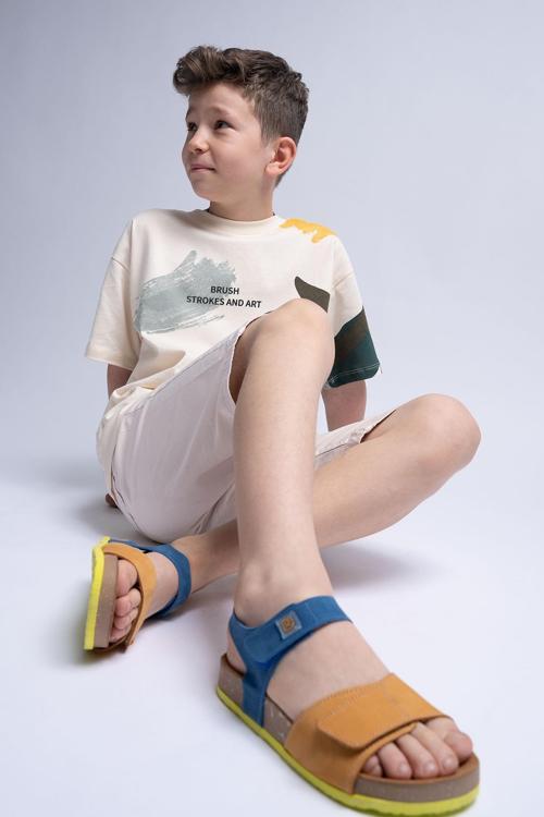 Unisex Çocuk Sarı-Saks Hakiki Deri Mantar Tabanlı Günlük  Çocuk Sandalet