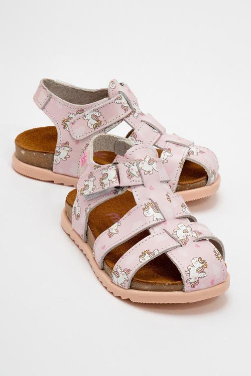 Unisex Çocuk Pudra Hakiki Deri Mantar Tabanlı Günlük Çocuk Sandalet