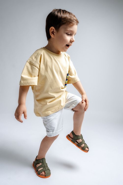 Unisex Çocuk Haki Hakiki Deri Mantar Tabanlı Günlük Çocuk Sandalet