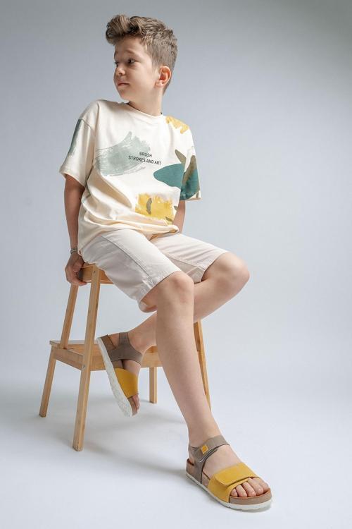 Unisex Çocuk Gri-Sarı Hakiki Deri Mantar Tabanlı Günlük  Çocuk Sandalet