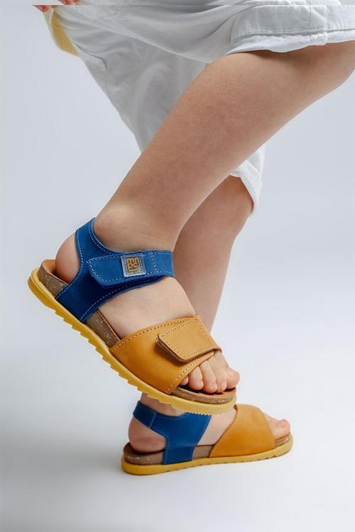 Unisex Çocuk Sarı-Saks Hakiki Deri Mantar Tabanlı Günlük Çocuk Sandalet