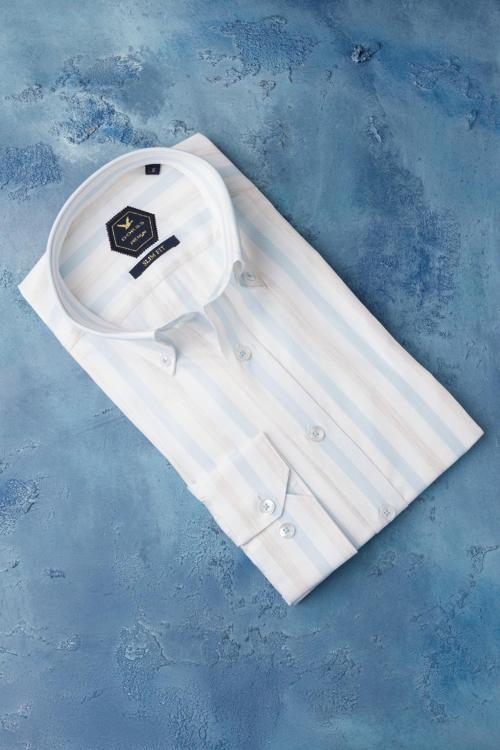 Slimfit Yaka Düğmeli %100 Pamuk Premium Serisi Çizgili Gömlek