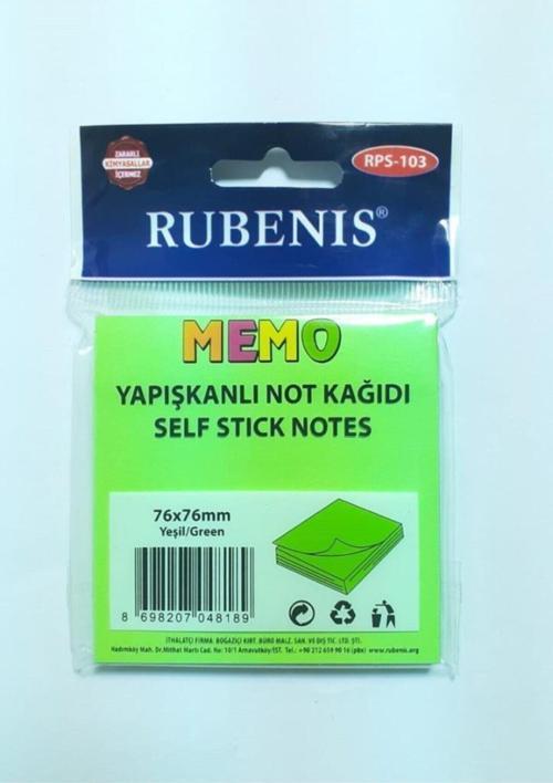 Yapışkanlı Not Kağıdı 76X76Mm Fosforlu Yeşil Rps-103 (12 Li Paket)