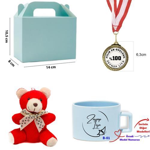 Kişiye Özel İsim Yazılı Madalya Ayıcık ve Kupa Hediye Seti B Serisi