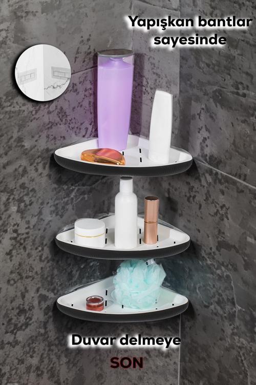 Porsima 0447 3'li İstiridye Banyo Köşe Rafı - Paslanmaz Yapışkanlı Duş Rafı Banyo Düzenleyici Organi