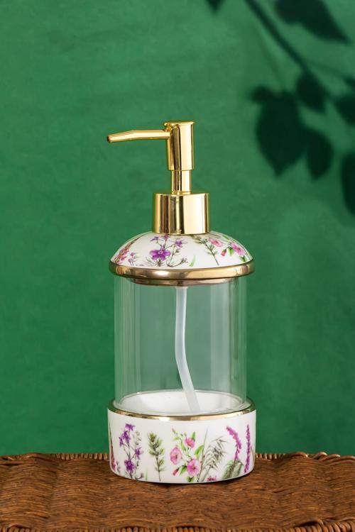 3127-1 Gold Kapaklı Porselen ve Cam Sıvı Sabunluk – Çiçek Desenli ve Şeffaf Tasarım 350 ml