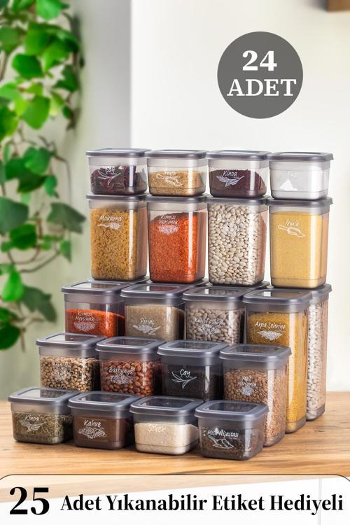 433-Gr 24 lü Etiketli Çok Amaçlı Kare Erzak Baharat Saklama Kabı Seti 1.90 1.30 0,60 LT -Gri