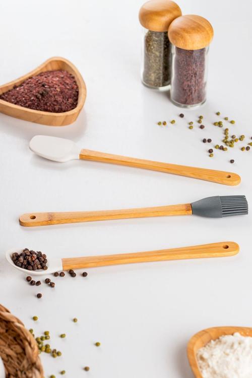 Mıen 3 Parça Mini Silikon Kaşık Spatula Fırça - Yanmaz Yapışmaz Hazırlık Seti - 23 cm