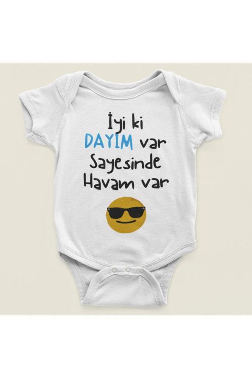 İyi Ki Dayım Var Sayesinde Havam Var Yazılı Pamuklu Yumuşak Unisex Çıtçıtlı Body Zıbın Beyaz 1 Yaş