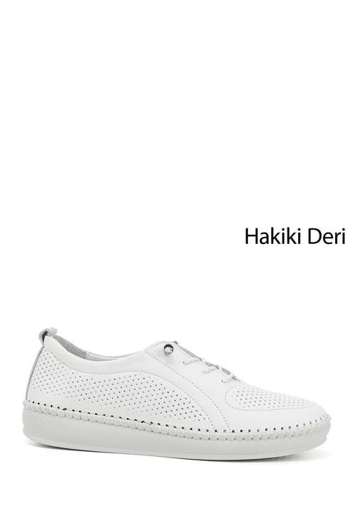 Kadın Beyaz Lastik Bağcıklı Hakiki Deri Comfort Ayakkabı