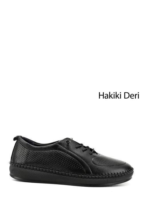 Kadın Siyah Lastik Bağcıklı Hakiki Deri Comfort Ayakkabı