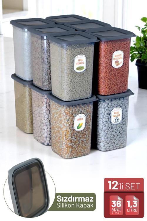 12'li Sızdırmaz Silikon Kapaklı Etiketli 1300 ml Kare Erzak Bakliyat Saklama Kabı Antrasit