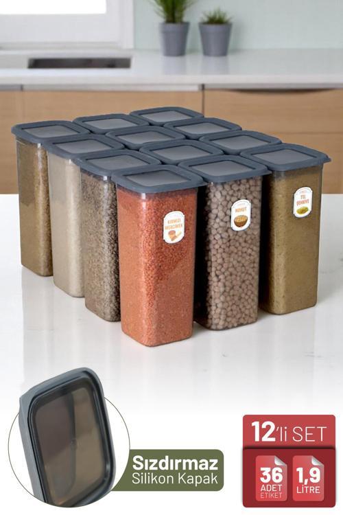 12'li Sızdırmaz Silikon Kapaklı Etiketli Jumbo Boy 1900 ml Kare Erzak Bakliyat Saklama Kabı Antrasit
