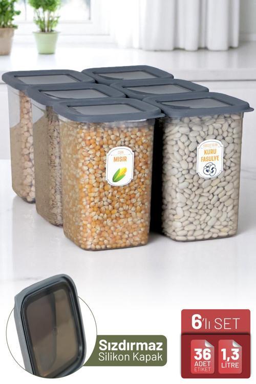 6'lı Sızdırmaz Silikon Kapaklı Etiketli 1300 ml Kare Erzak Bakliyat Saklama Kabı Antrasit