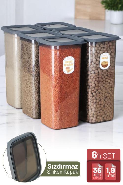 6'lı Sızdırmaz Silikon Kapaklı Etiketli Jumbo Boy 1900 ml Kare Erzak Bakliyat Saklama Kabı Antrasit