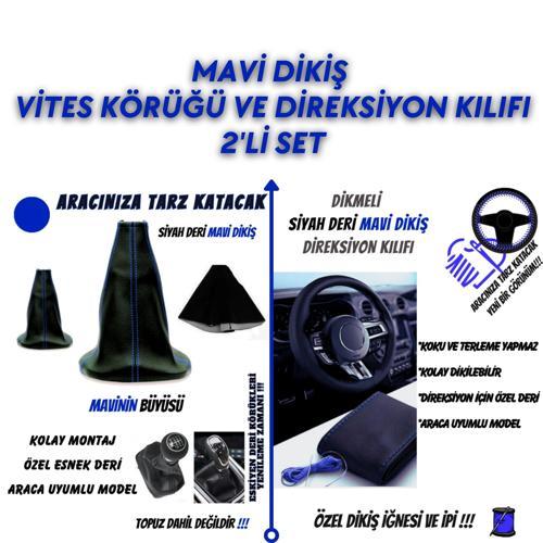 Peugeot 208 Uyumlu Siyah Deri Mavi Dikiş Vites Körüğü ve Direksiyon Kılıfı 2'li Set