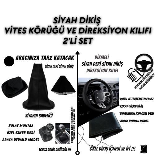 Audi A80 Uyumlu Siyah Deri Siyah Dikiş Vites Körüğü ve Direksiyon Kılıfı 2'li Set