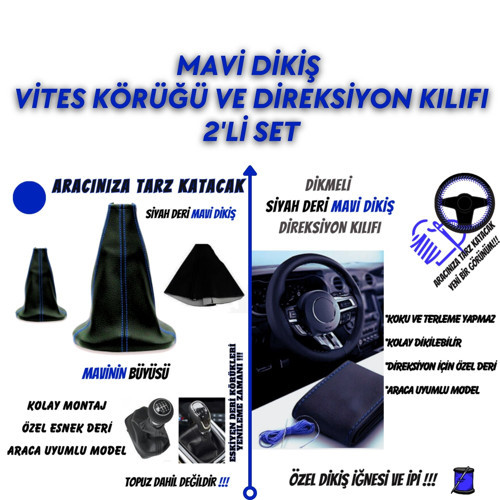 Renault Latitude Uyumlu Siyah Deri Mavi Dikiş Vites Körüğü ve Direksiyon Kılıfı 2'li Set